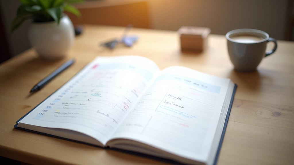 Carnet ouvert avec agenda hebdomadaire sur un bureau en bois avec stylo et café